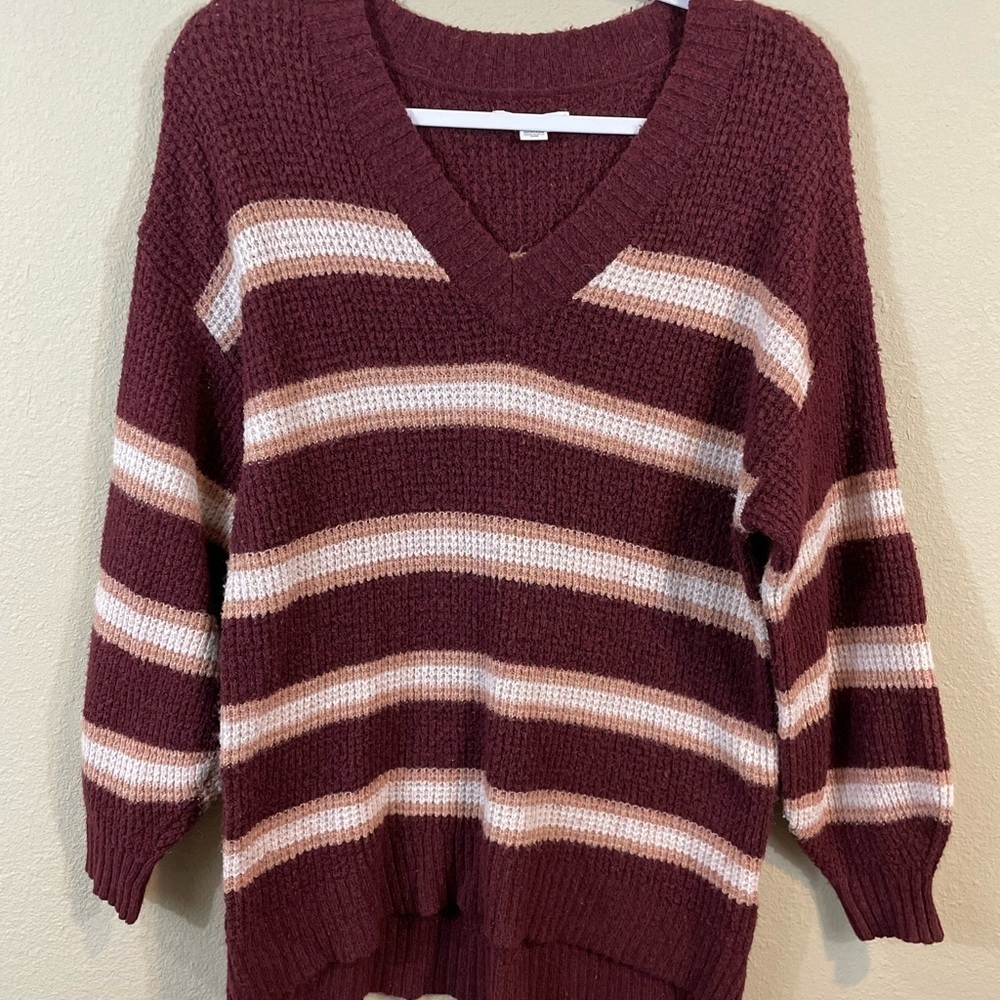 American Eagle Long Waffle Knit Striped V-neck Sweater, sz XS